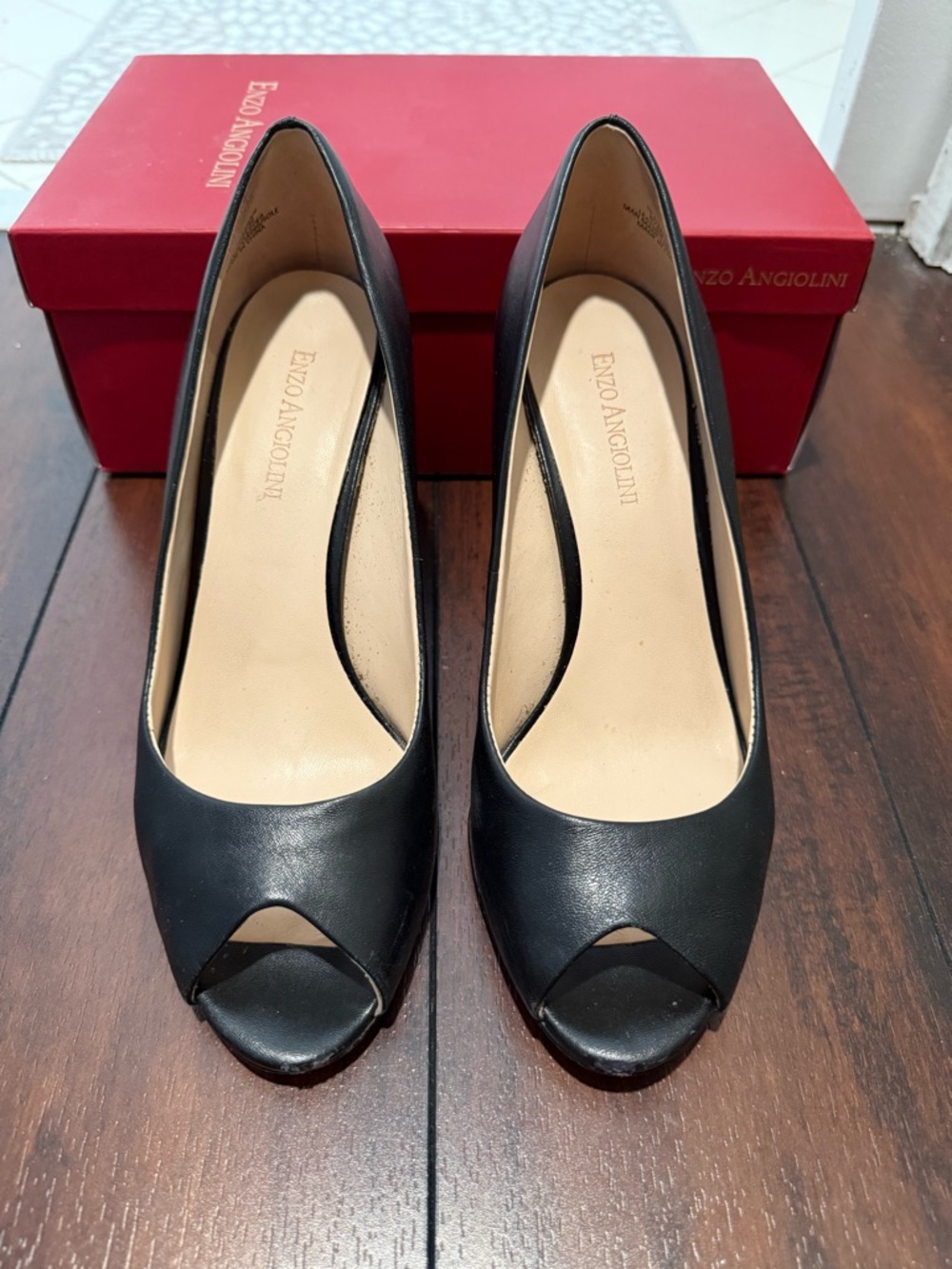 Enzo Angiolini Black Peep-Toe Leather Pumps